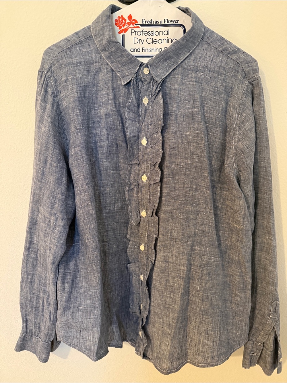 CP Shades Light Blue Linen Button-Front Blouse with Ruffle Trim